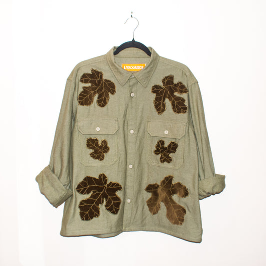 SYKA green long-sleeve shirt w/ custom velvet fig appliqués, double front pockets