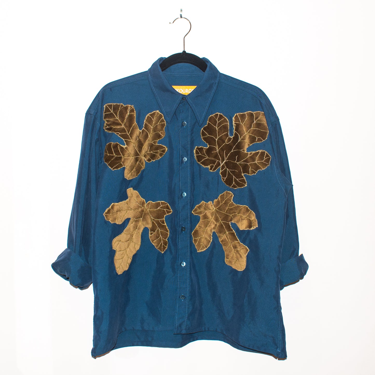 SYKA blue long-sleeve shirt w/ custom velvet fig appliqués
