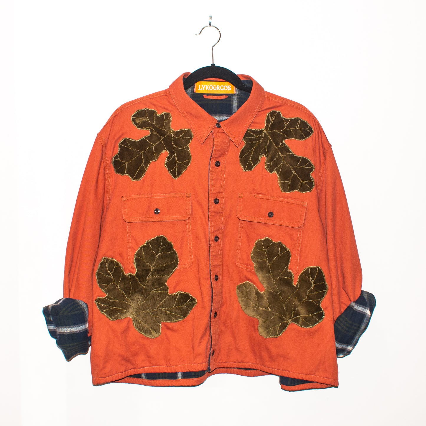 SYKA orange long-sleeve flannel-lined shirt w/ custom velvet fig appliqués