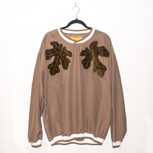 SYKA tan pullover w/ custom velvet fig appliqués