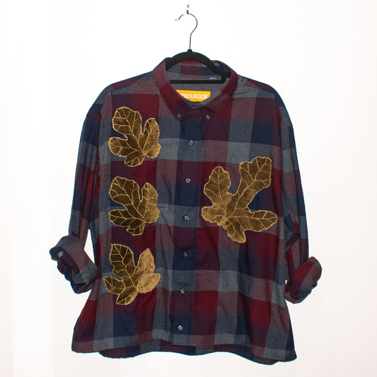 SYKA maroon/navy plaid long-sleeved shirt w/ custom velvet fig appliqués