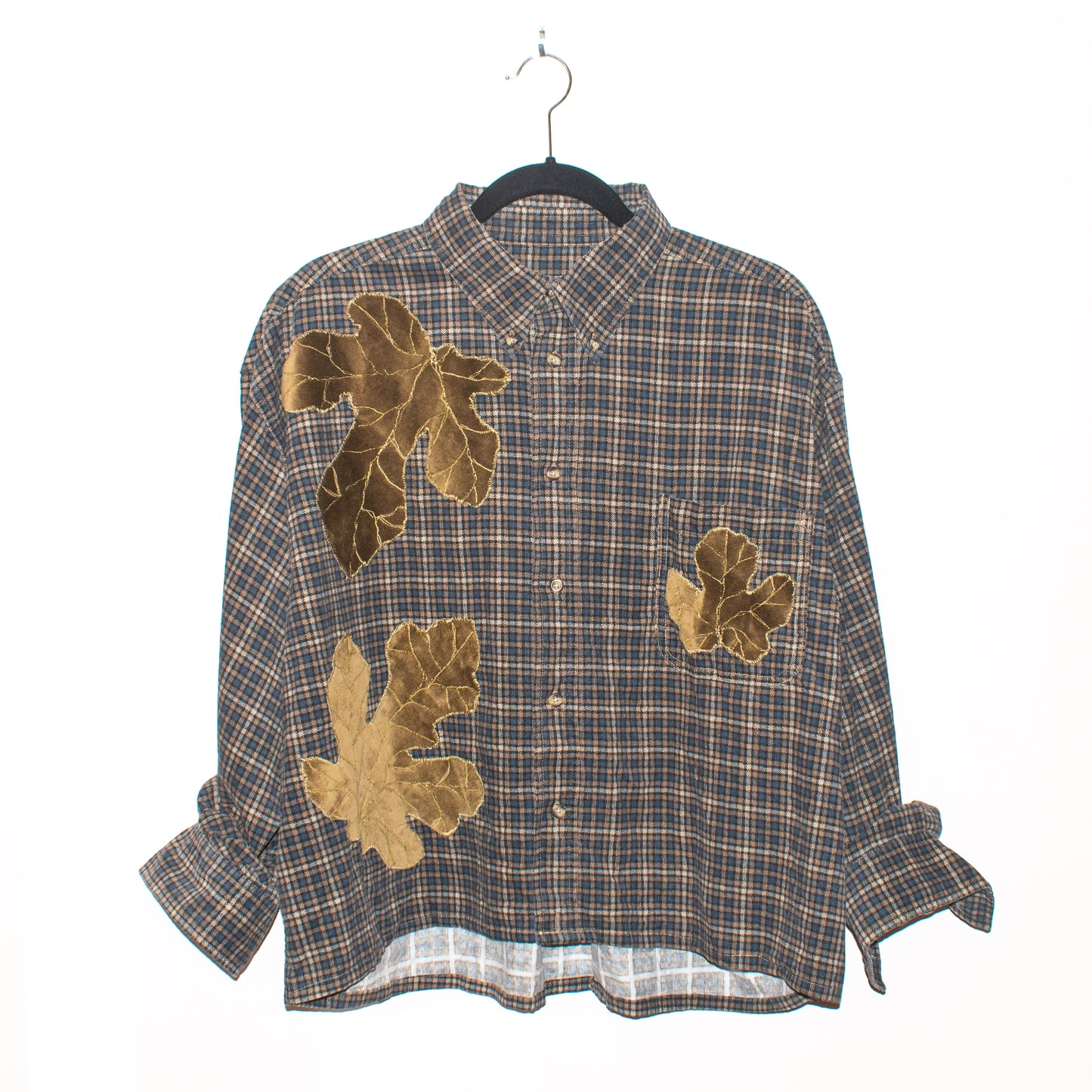 SYKA grey-brown plaid long-sleeved shirt w/ custom velvet fig appliqués