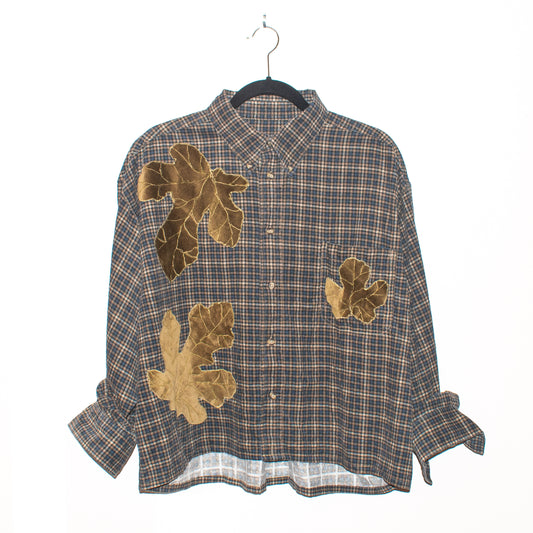 SYKA grey-brown plaid long-sleeved shirt w/ custom velvet fig appliqués